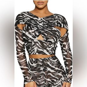 Naked Wardrobe cross front animal print mesh crop top (top only)